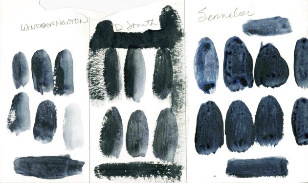 Payne's Gray samples. Left to right: Windsor Newton, Daniel Smith, Sennelier