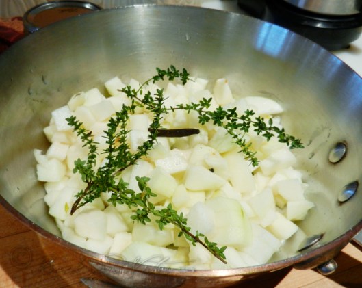 Layer one; diced pears, thyme, vanilla, and sugar