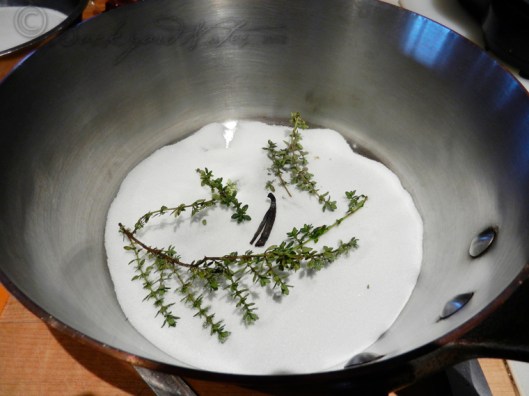 Sugar, thyme sprigs and vanilla bean